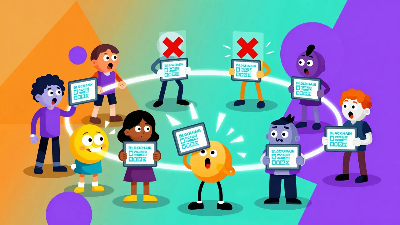 Plusieurs personnages stylisés rejettent une tentative de modification d'une blockchain par consensus.