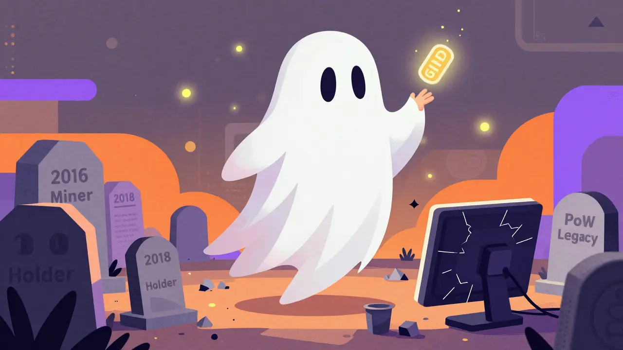 Réseau blockchain fantôme au-dessus d'un cimetière numérique avec des jetons SHND flottants.