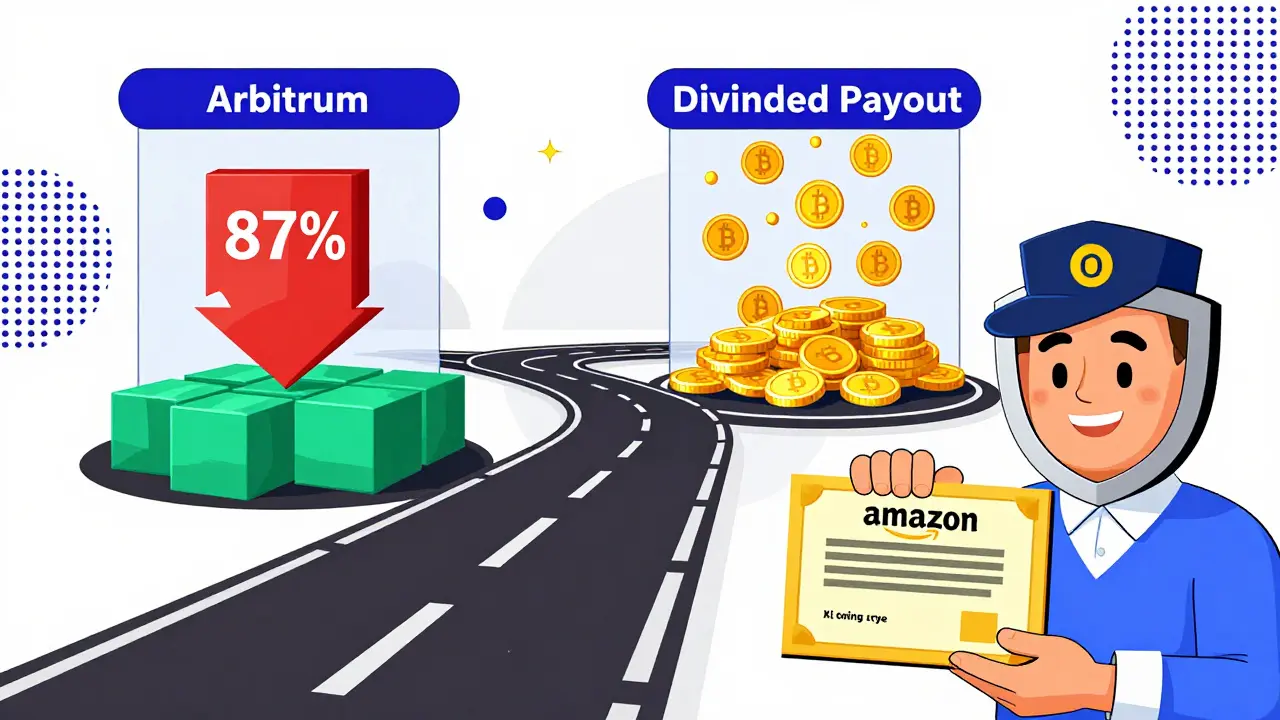 Route futuriste vers Arbitrum et paiements de dividendes, avec un gardien protégeant un certificat Amazon.