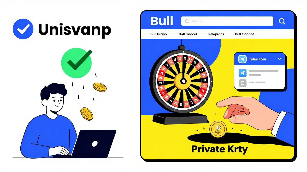 Scène comparant un airdrop légitime à une arnaque, en style Memphis avec motifs géométriques.