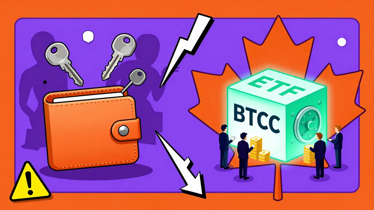 Scène comparée : portefeuille numérique chaotique à gauche, ETF sécurisé à droite, dans un style graphique vif et géométrique.