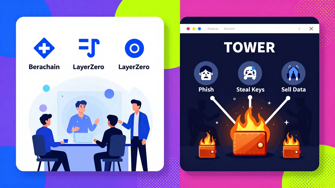 Scène divisée : d'un côté des airdrops légitimes en lumière, de l'autre des escrocs volant des portefeuilles dans un style Memphis vif.