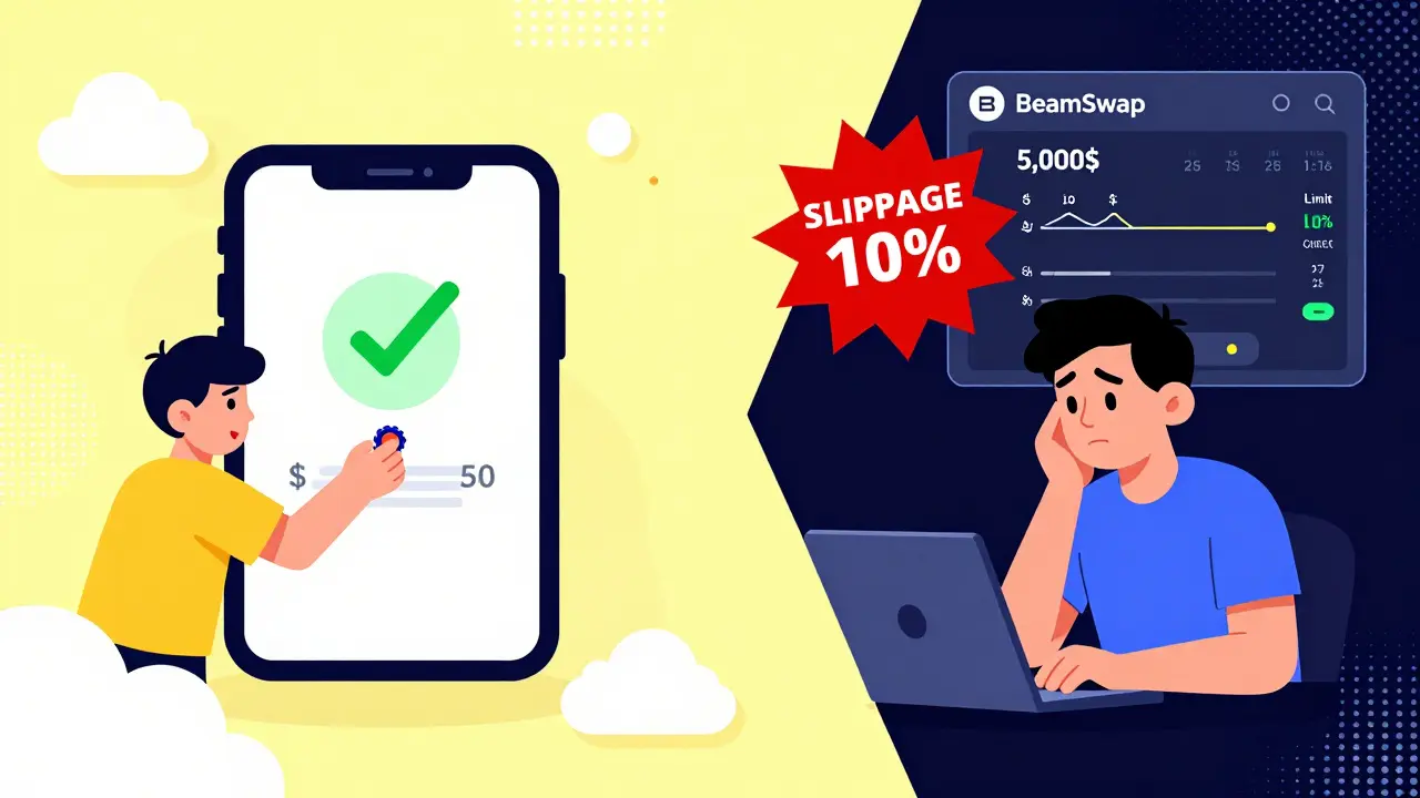 Scène divisée : petit échange réussi à gauche, échec massif à droite avec BeamSwap en arrière-plan.
