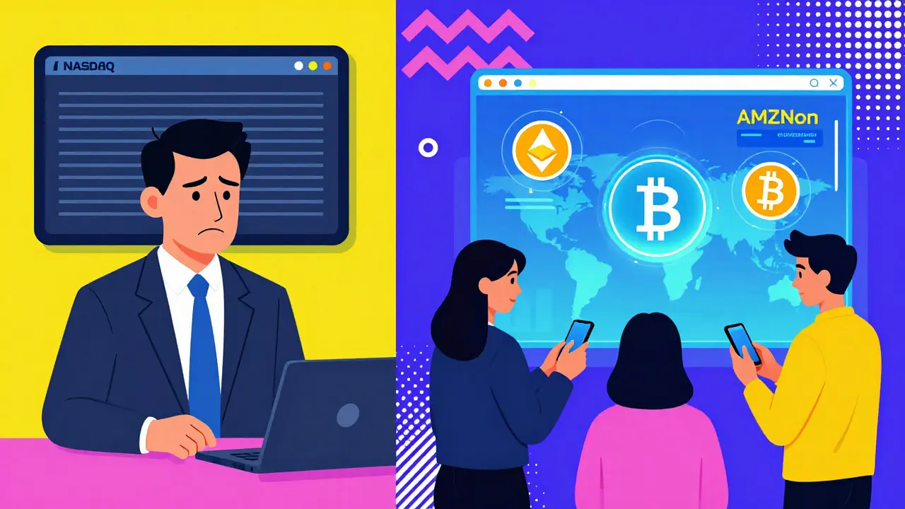 Scène divisée : trader traditionnel triste vs investisseurs globaux achetant AMZNon sur leurs téléphones.