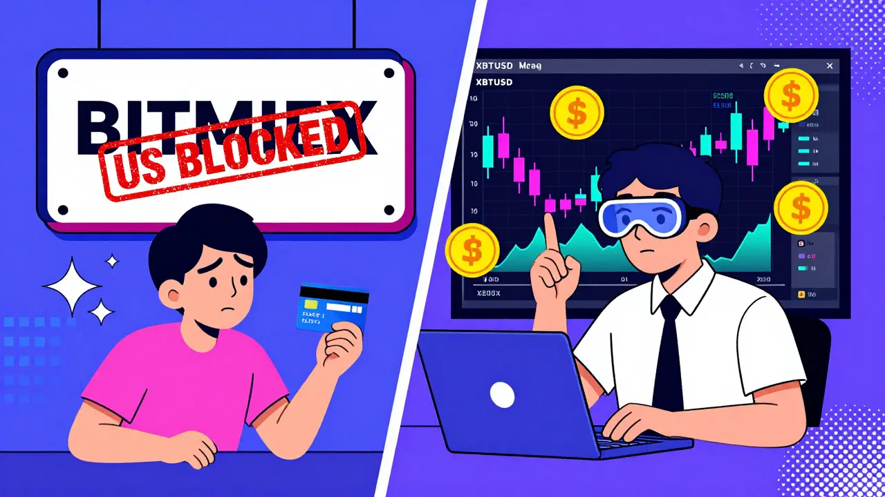 Scène divisée : un débutant bloqué aux États-Unis à gauche, un trader professionnel avec des graphiques avancés à droite, dans un style Memphis coloré.