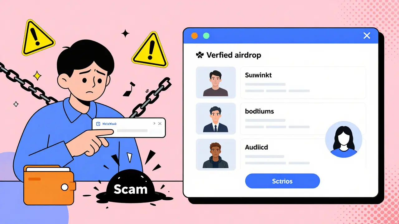 Scène divisée : un portefeuille volé à gauche, un airdrop vérifié à droite, styles contrastés en design Memphis.