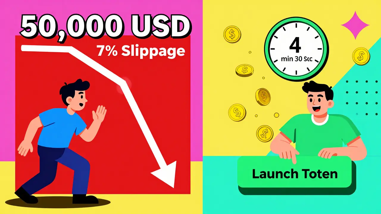 Scène divisée : un trader face à une perte importante vs un développeur qui lance un token en quelques minutes.