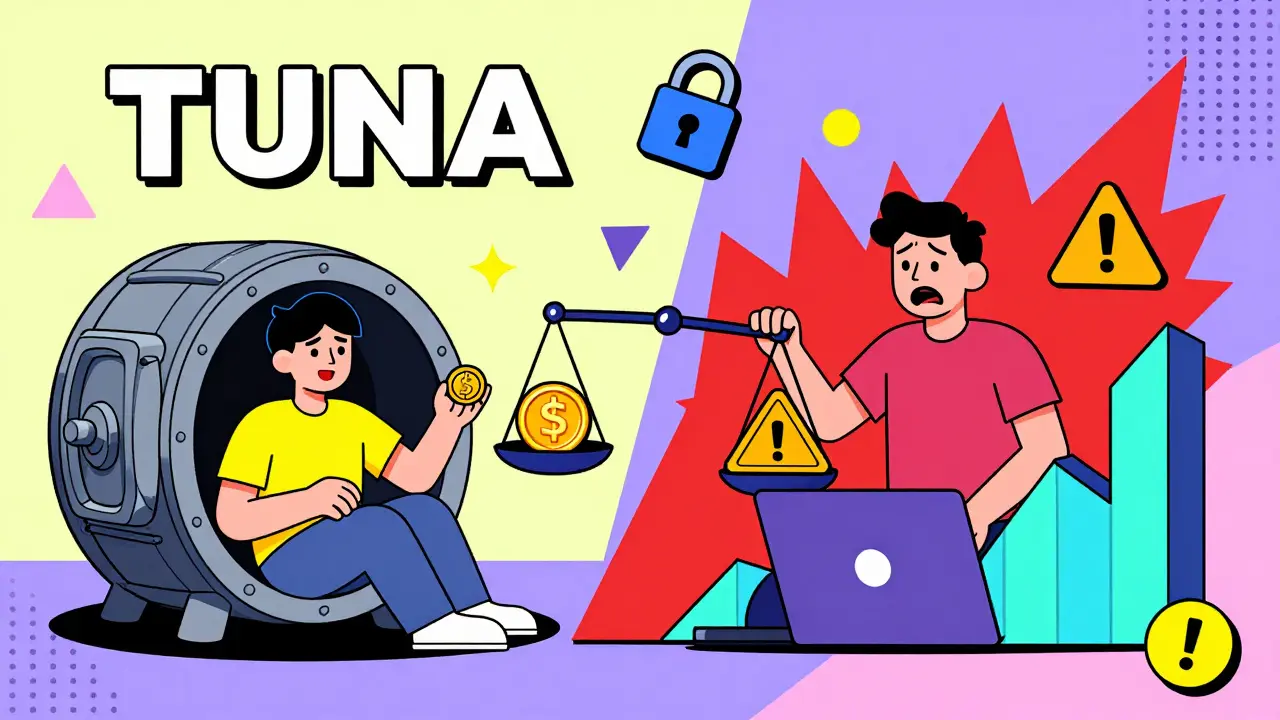 Scène divisée : un utilisateur qui stoke des TUNA à gauche, un trader en panique à droite, avec des avertissements de liquidation en formes géométriques.
