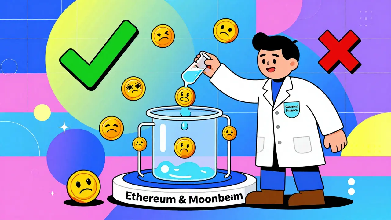 Scientifique dans un laboratoire DeFi versant des jetons dans un portail multi-chaîne, entouré de tokens animés.