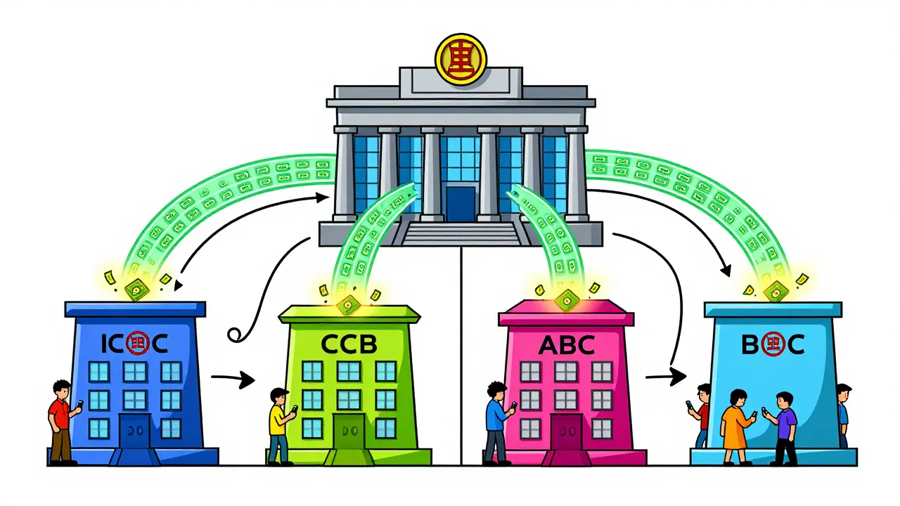 Système en deux niveaux du yuan numérique : banque centrale en haut, banques et citoyens en bas, schéma stylisé en style Memphis.