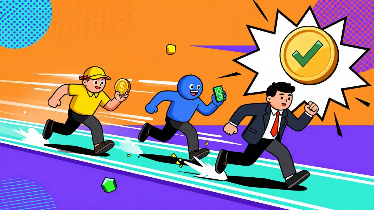 Trois personnages courant sur une piste blockchain, portant des actifs crypto, entourés de symboles de frais négligeables.