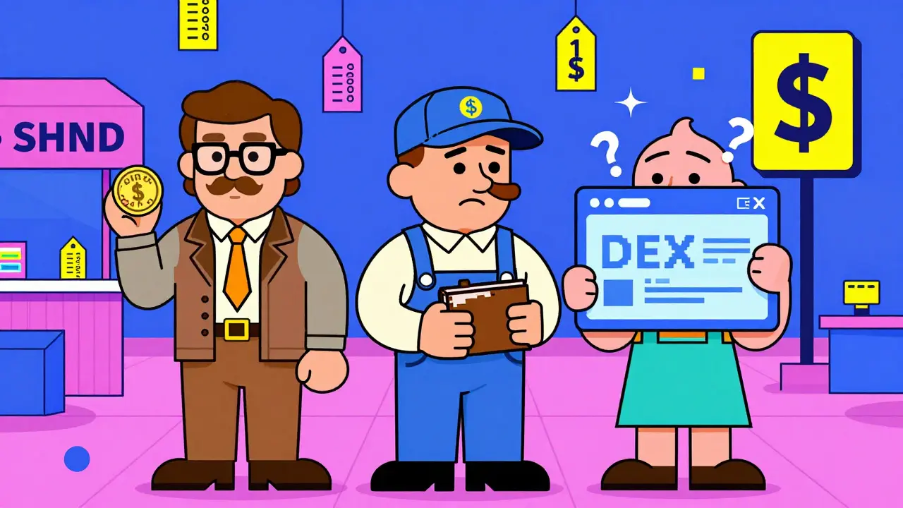 Trois personnages stylisés regardant un jeton SHND dans un marché virtuel désert.