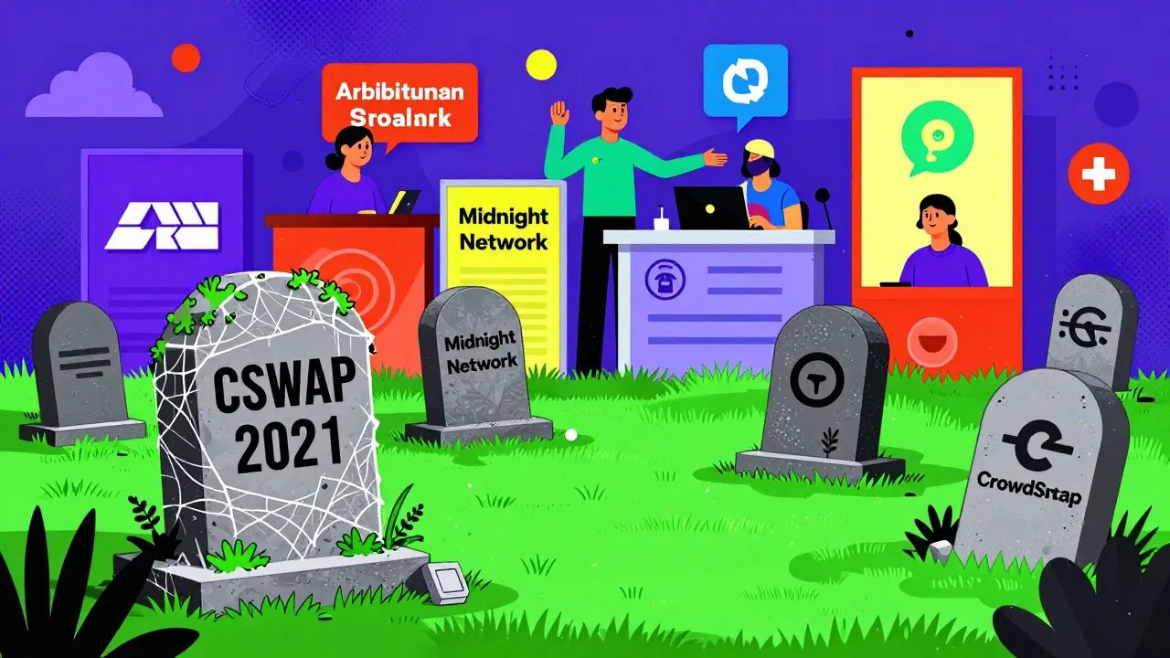 Un cimetière de projets crypto oubliés, avec CSWAP en ruines tandis que d'autres projets brillent en arrière-plan, style Memphis.