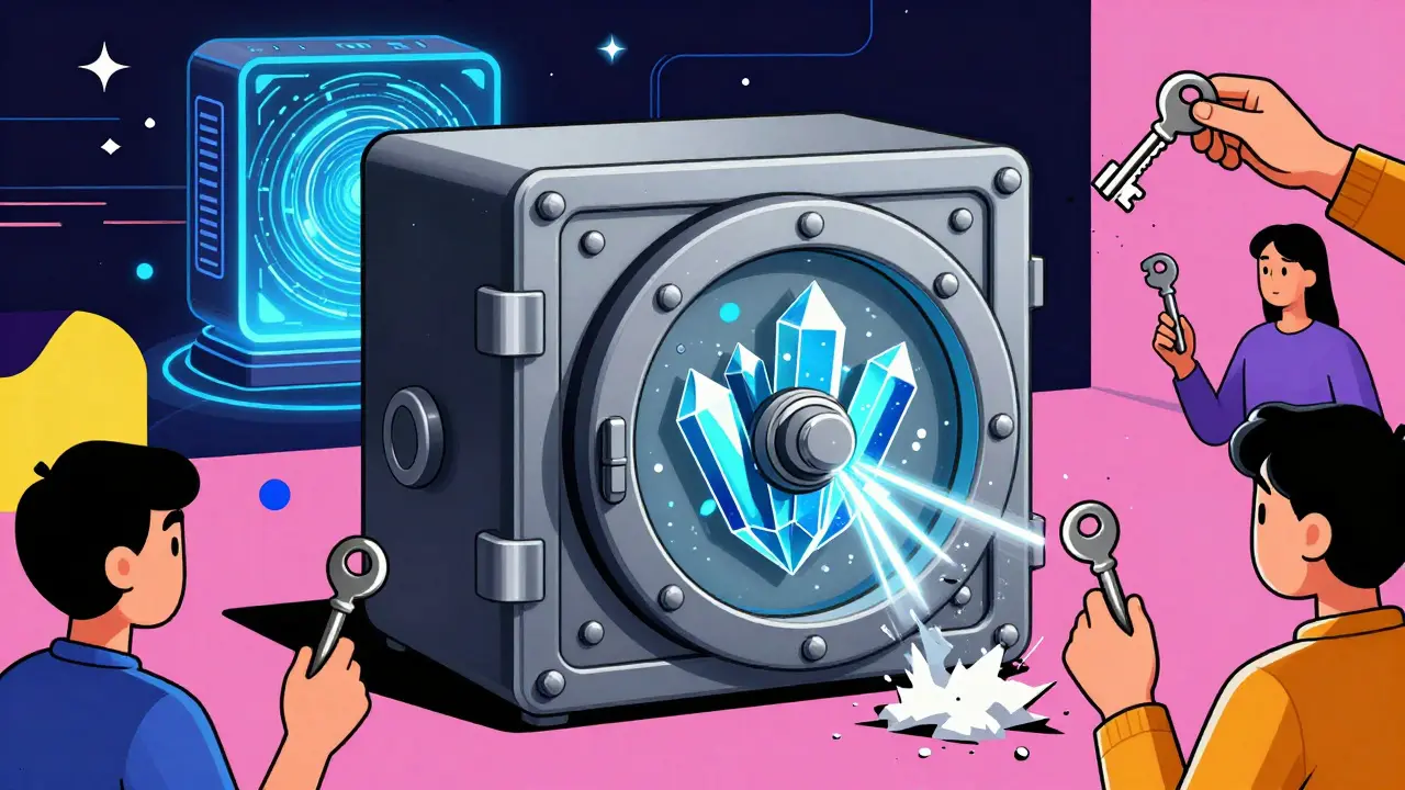 Un coffre-fort crypto renforcé par des algorithmes quantiques résistants, face à un ordinateur quantique menaçant.
