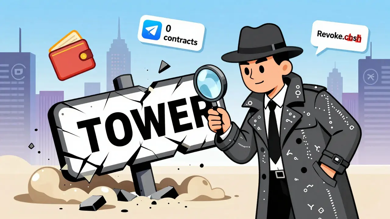 Un détective examine un signe TOWER qui s'effondre, entouré de preuves d'arnaque et d'icônes de sécurité en style Memphis.