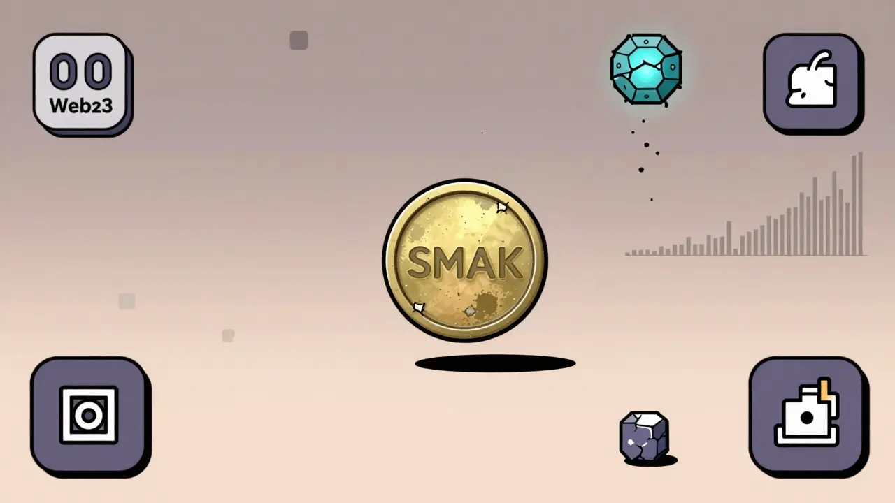 Un jeton SMAK isolé dans un vide numérique, entouré de graphiques à volume nul et de blocs blockchain effondrés.