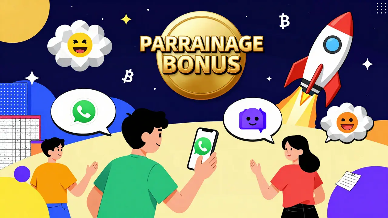 Un joueur invite des amis avec des bulles de dialogue géométriques, un badge de parrainage flottant au-dessus.