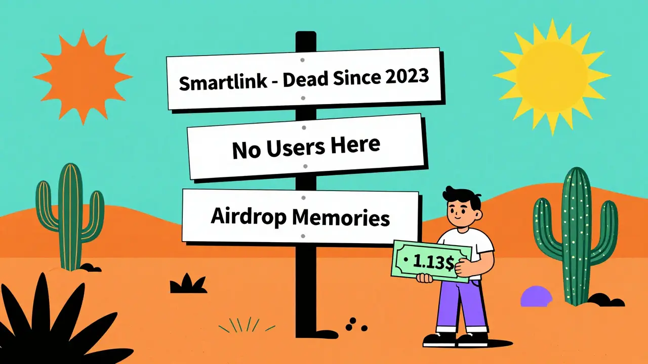 Un panneau d'avertissement dans un désert de projets crypto oubliés, avec un utilisateur tenant un billet de 1,13 $ en SMAK.