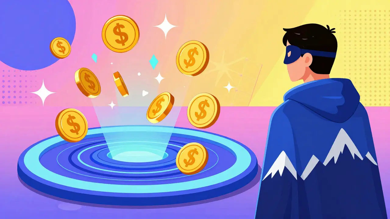 Un pool DeFi avec des jetons AAPLx et USDC créant des rendements, surveillé par une figure stylisée.