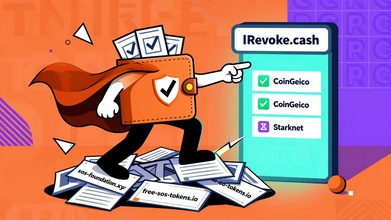 Un portefeuille héroïque écrase des sites d'arnaque et pointe vers Revoke.cash et des plateformes vérifiées.