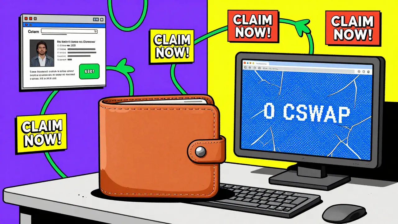 Un portefeuille solitaire affichant un solde de 0 CSWAP, entouré de sites d'arnaque stylisés en design Memphis.