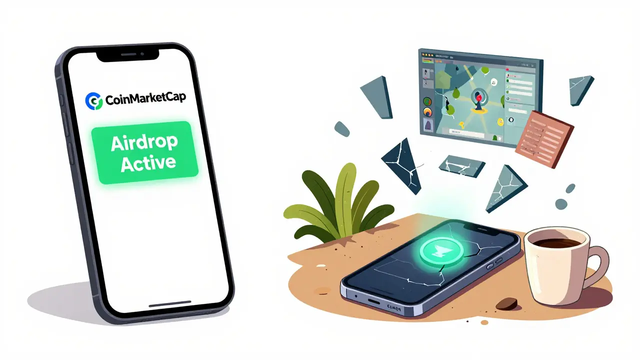 Un téléphone abandonné affiche un airdrop ELMON terminé, entouré d'objets oubliés.