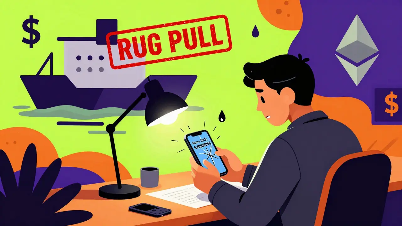 Un trader seul face à un écran de téléphone affichant &#039;Spero à zéro&#039;, avec une grande marque &#039;RUG PULL&#039; et des formes abstraites en arrière-plan.