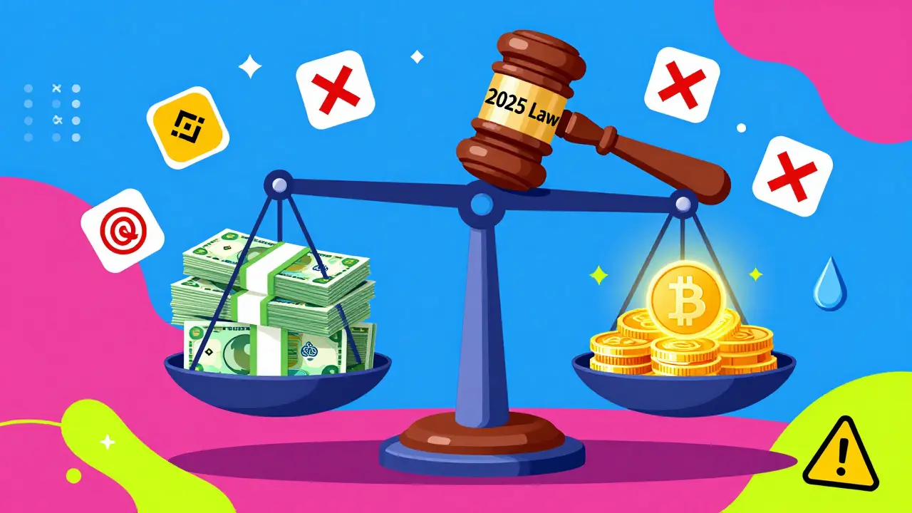 Une balance géante oppose des dirhams à des cryptomonnaies, un gavel tombe sur une loi de 2025.