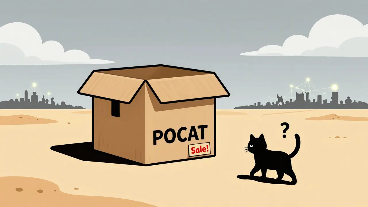 Une boîte vide étiquetée 'POCAT' abandonnée dans un désert, un chat s'éloigne.