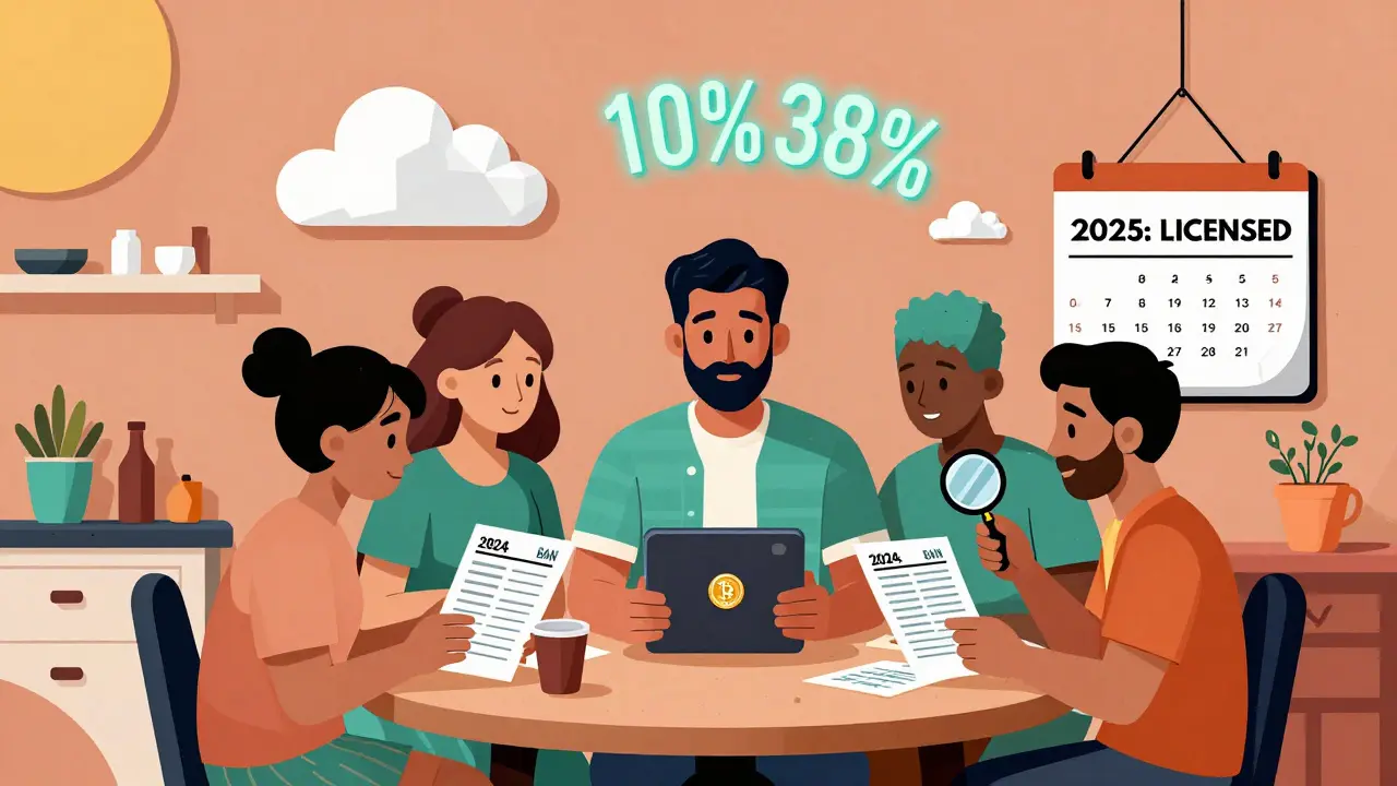 Une famille marocaine discute des cryptomonnaies et de l'impôt, un calendrier passe de 'interdit' à 'autorisé'.