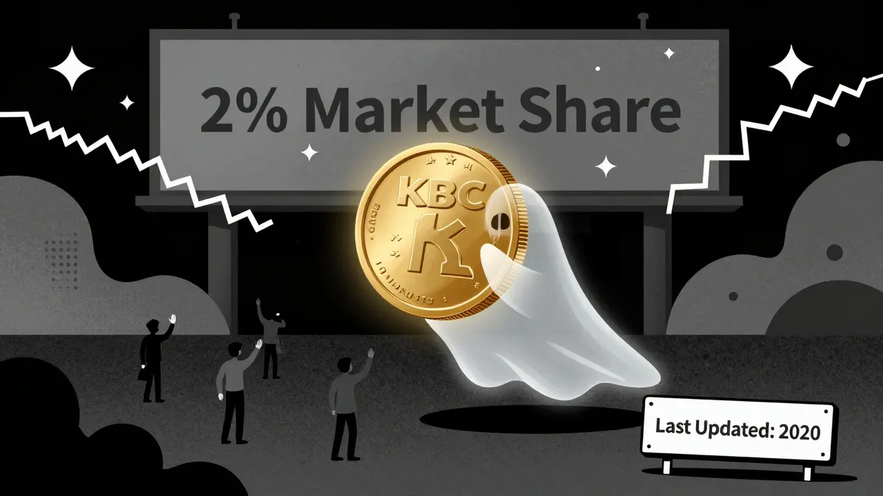 Une pièce KBC fantôme flottant dans le vide, entourée de silhouettes d'investisseurs impuissants, style Memphis abstrait.