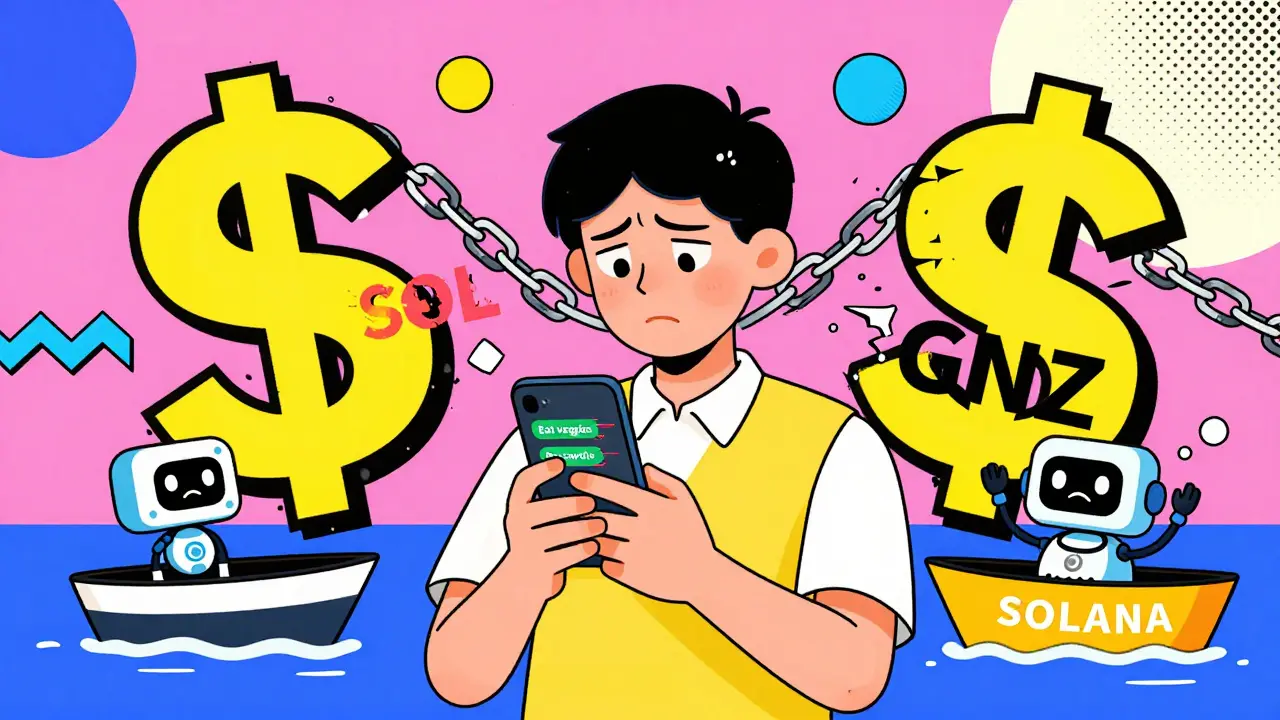 Utilisateur confus avec une IA qui donne des conseils vagues, tandis que des chaînes se rompent.