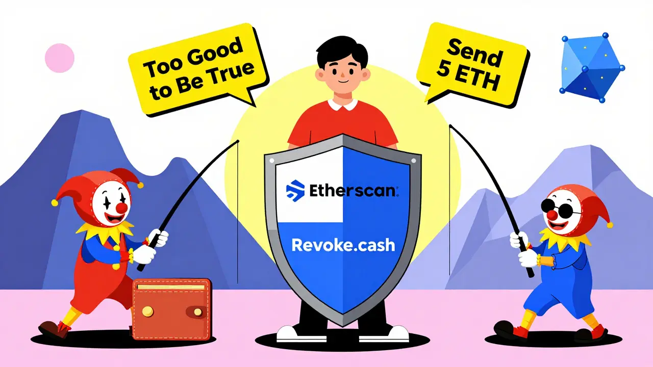 Utilisateur protégé contre des escrocs en clown, entouré de logos de sécurité et de signaux d'avertissement.