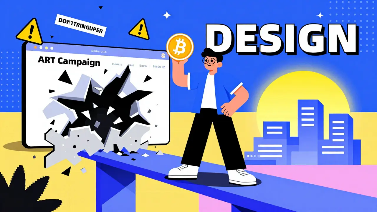 Utilisateur victorieux sur un pont blockchain légitime, tandis qu'un site d'arnaque s'effondre en arrière-plan, style Memphis.