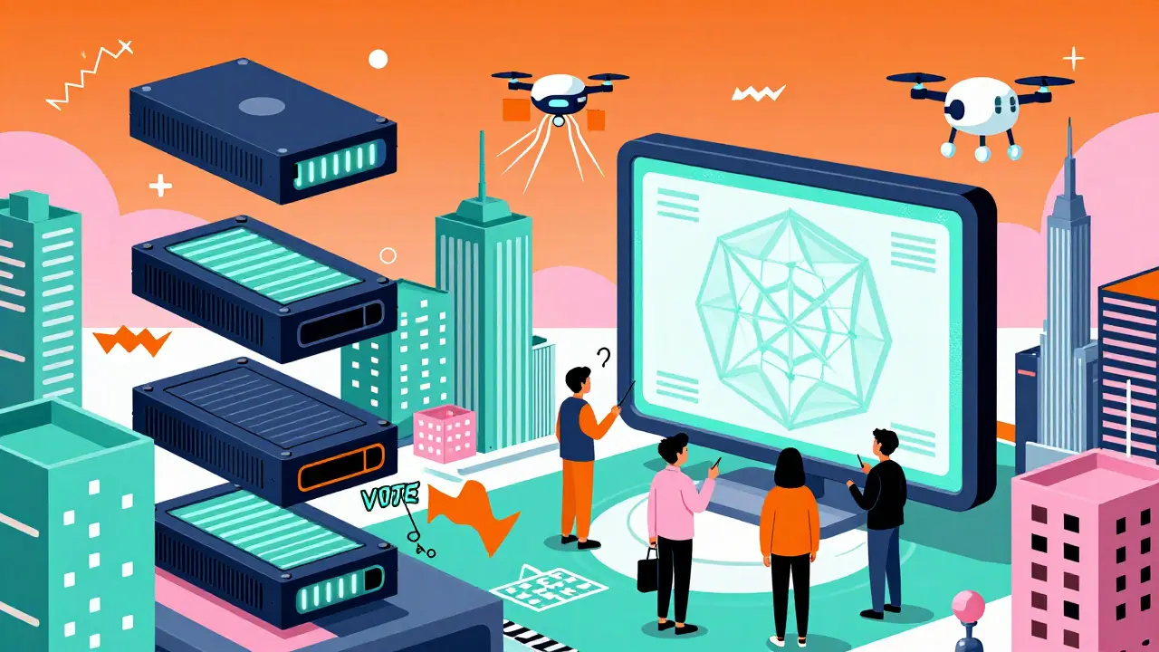 Ville futuriste avec disques durs flottants, drones et écran blockchain, dans un style graphique Memphis.