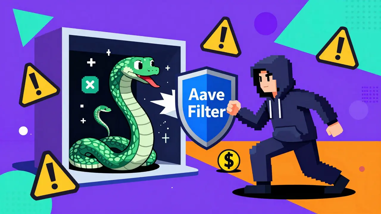 Attaque de contrat intelligent bloquée par un filtre de sécurité dans un style graphique coloré et abstrait.