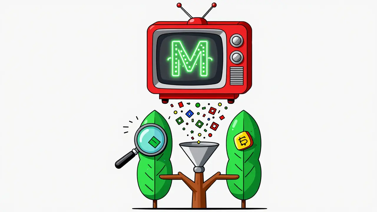 Bloc blockchain sous forme de téléviseur rétro avec une racine de Merkle qui change de couleur.