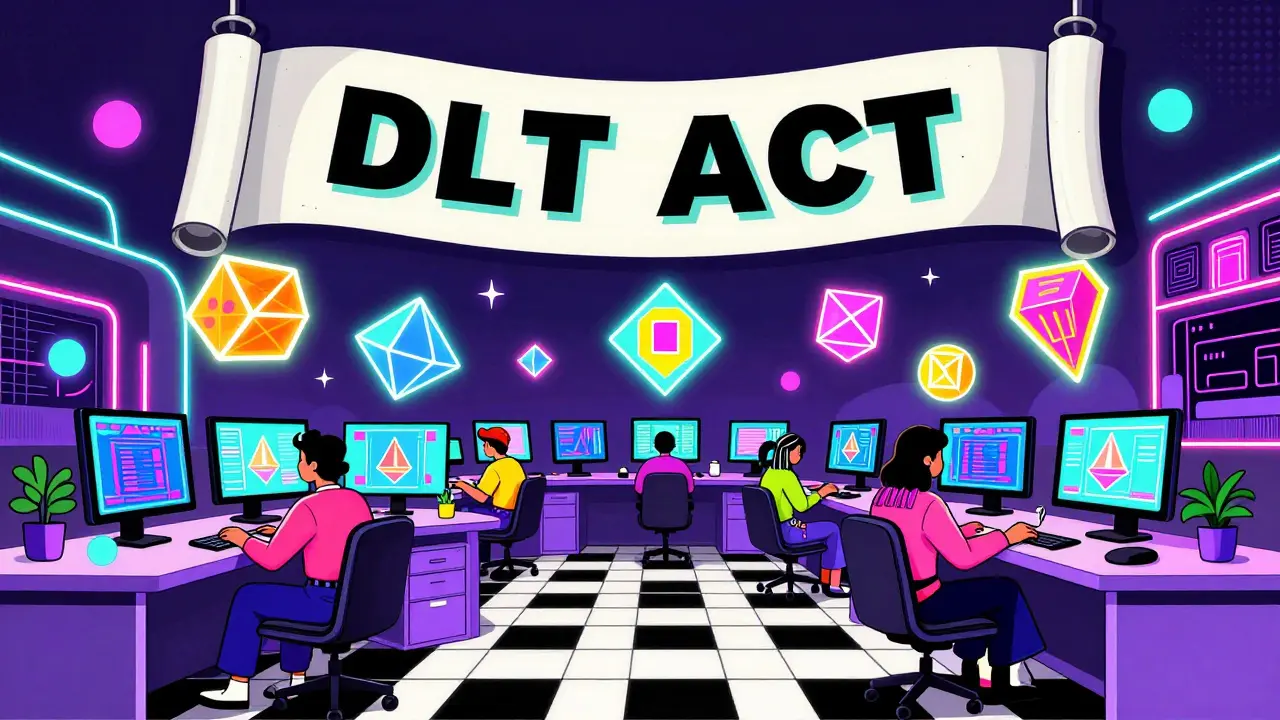 Bourse de titres tokenisés avec des actifs numériques flottants dans un bureau aux motifs Memphis.