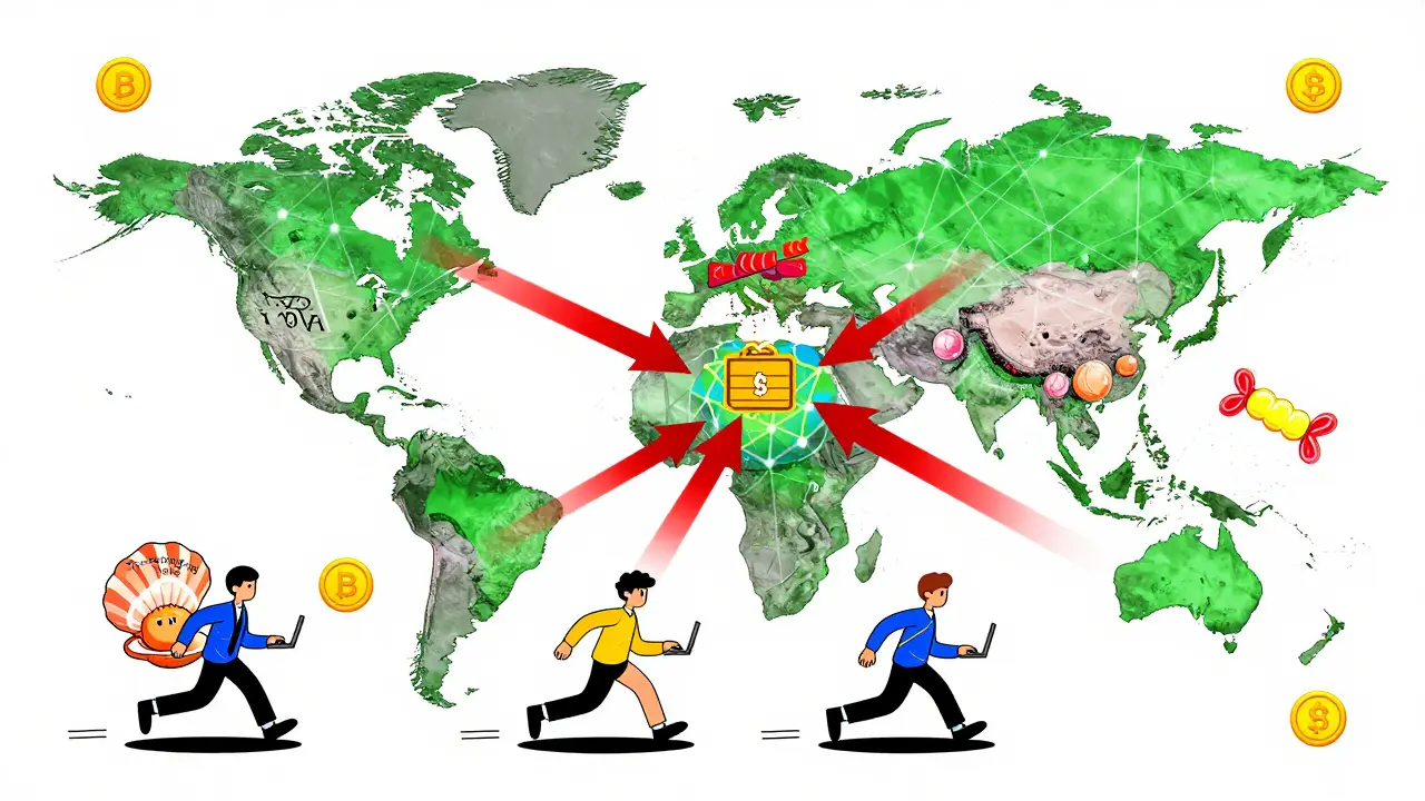 Carte mondiale de transactions cryptos sanctionnées avec des flèches rouges et des outils de traçage inutiles, style Memphis.