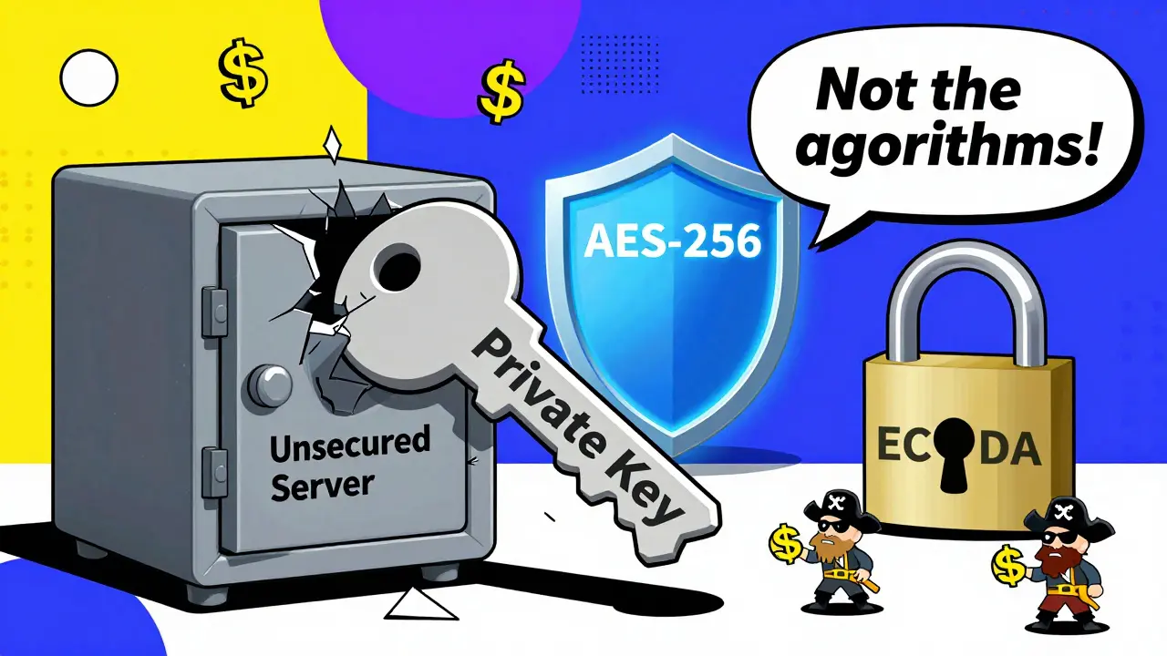 Clé privée qui s'échappe d'un coffre mal sécurisé, tandis que les algorithmes restent intacts.