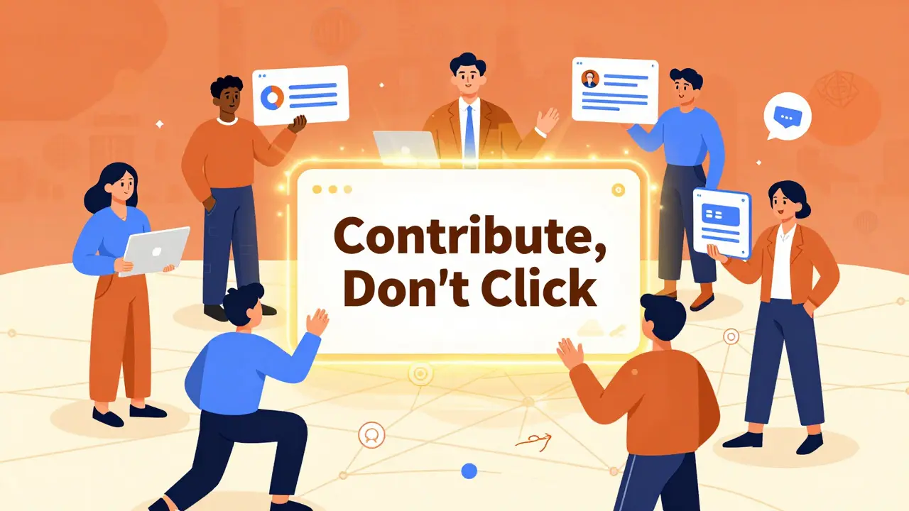 Communauté Web3 collaborant autour d'une dApp officielle, sans échange de crypto suspect.