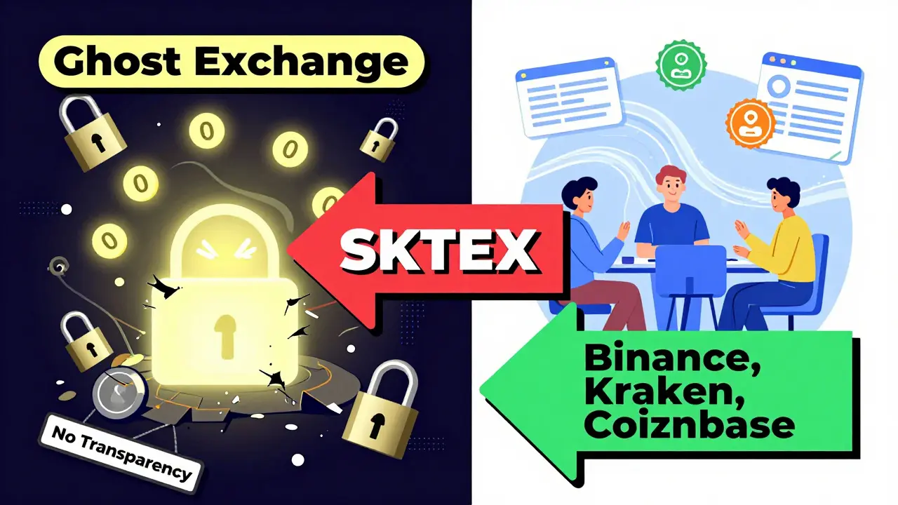 Comparaison visuelle entre une exchange fantôme et des plateformes sécurisées en style Memphis.