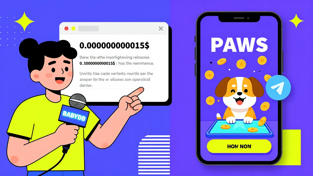 Comparaison visuelle : un influenceur trompeur à gauche, un jeu PAWS réel à droite, dans un style Memphis vif et géométrique.