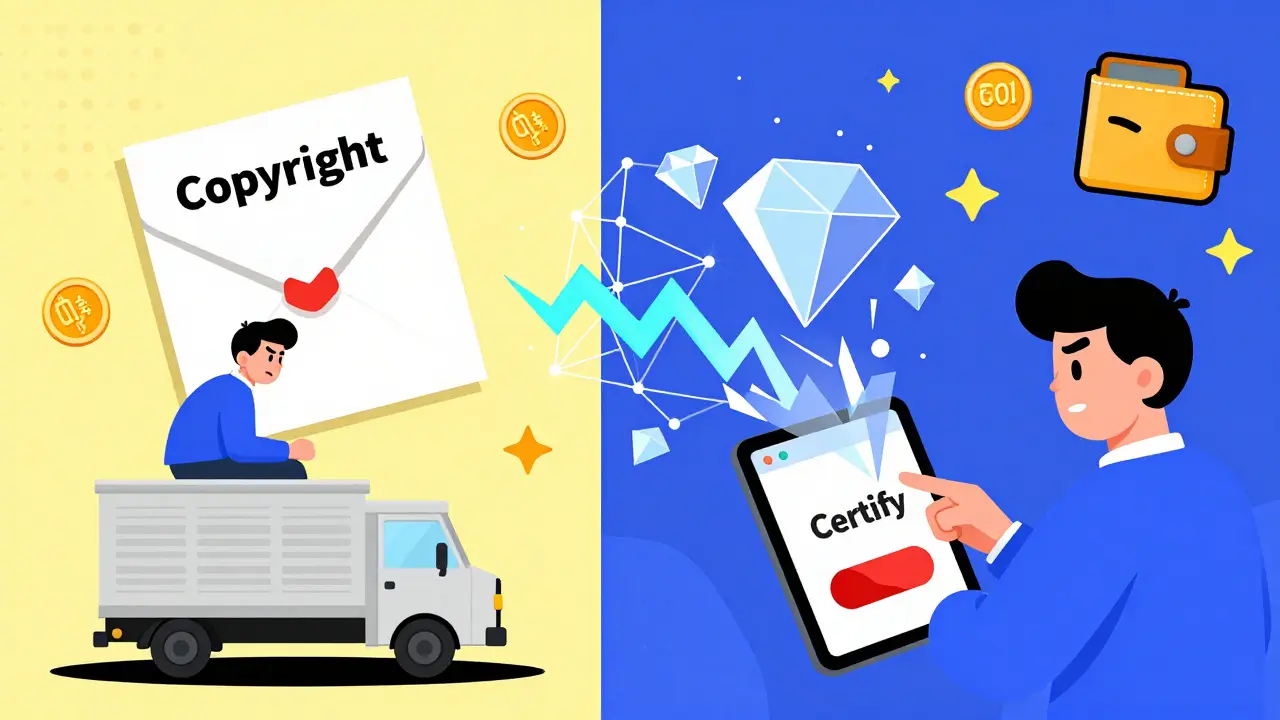 Créateur enregistrant son œuvre sur blockchain vs envoi postal du copyright, en style graphique vif et géométrique.