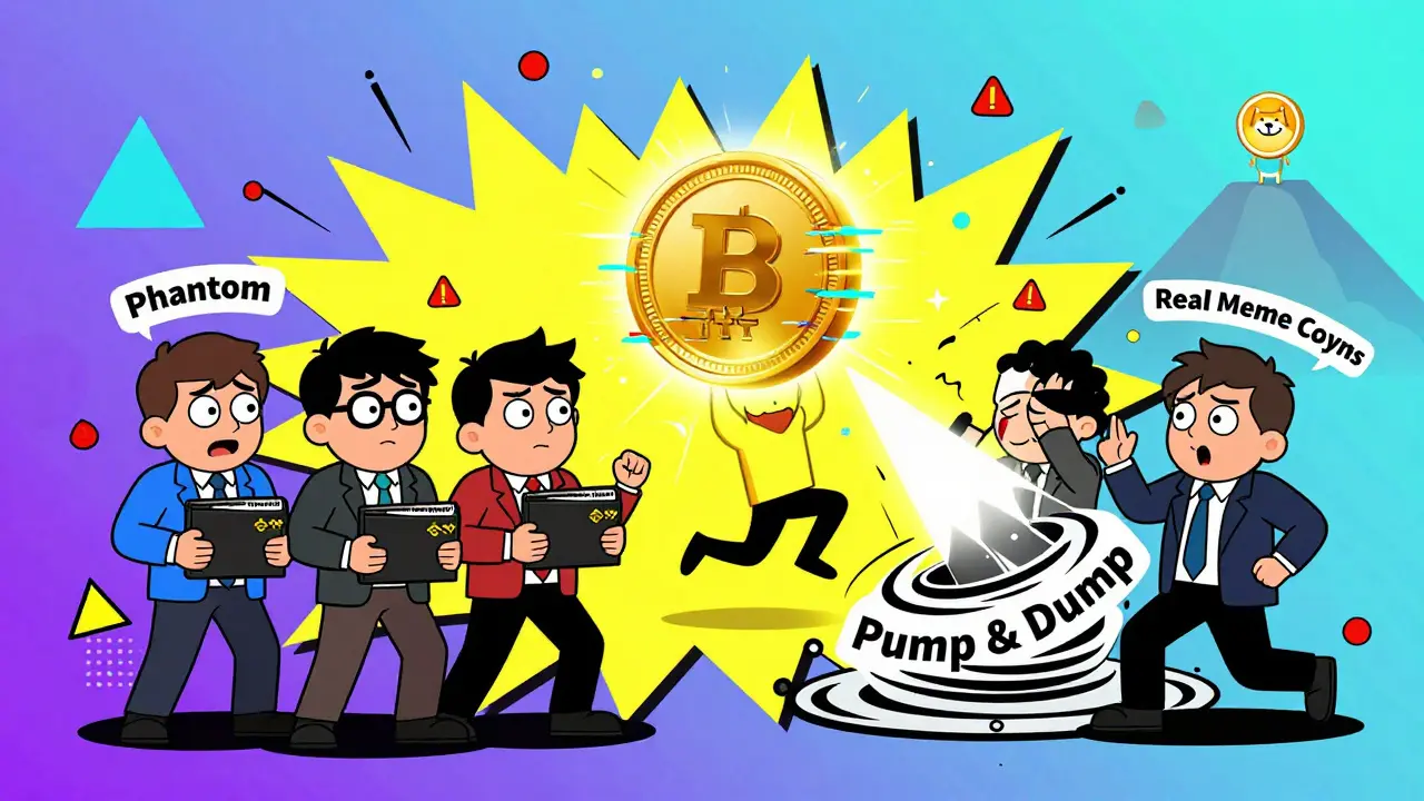 Des investisseurs perplexes regardent un jeton BITTY glitché, tandis qu'un vortex 'Pump &amp; Dump' les attire.