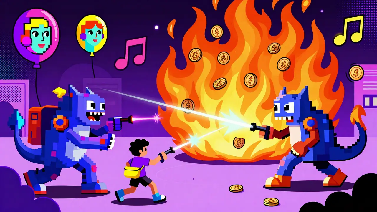 Des joueurs sur des créatures NFT combattent dans un arène où des œuvres d'art générées par IA flottent comme ballons.