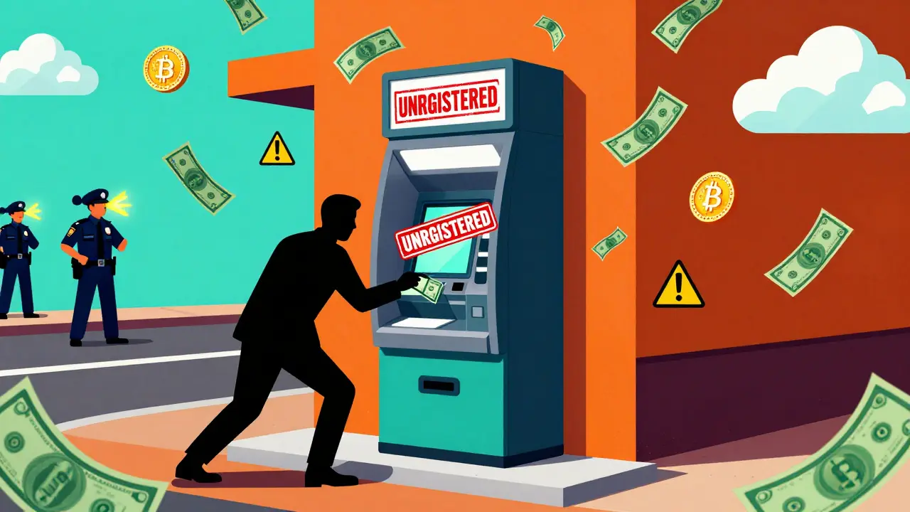 Distributeur automatique de cryptomonnaies avec un tampon 'ILLEGAL' et des billets qui fuient, dans un style graphique vif et géométrique.