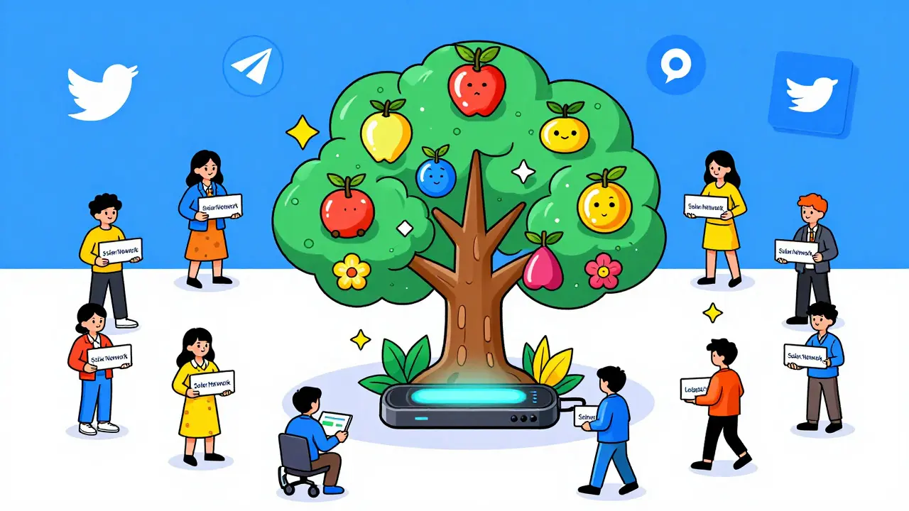 Écosystème Solar en croissance avec 15 000 utilisateurs, des applications DeFi et un appareil Ledger à la base, dans un style vif et géométrique.