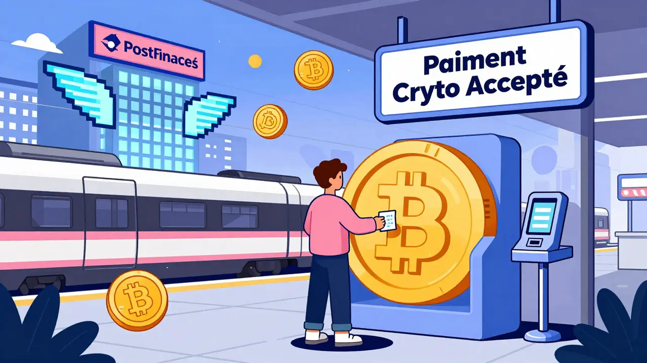 Gare de Genève où un voyageur achète un billet de train avec des cryptomonnaies.