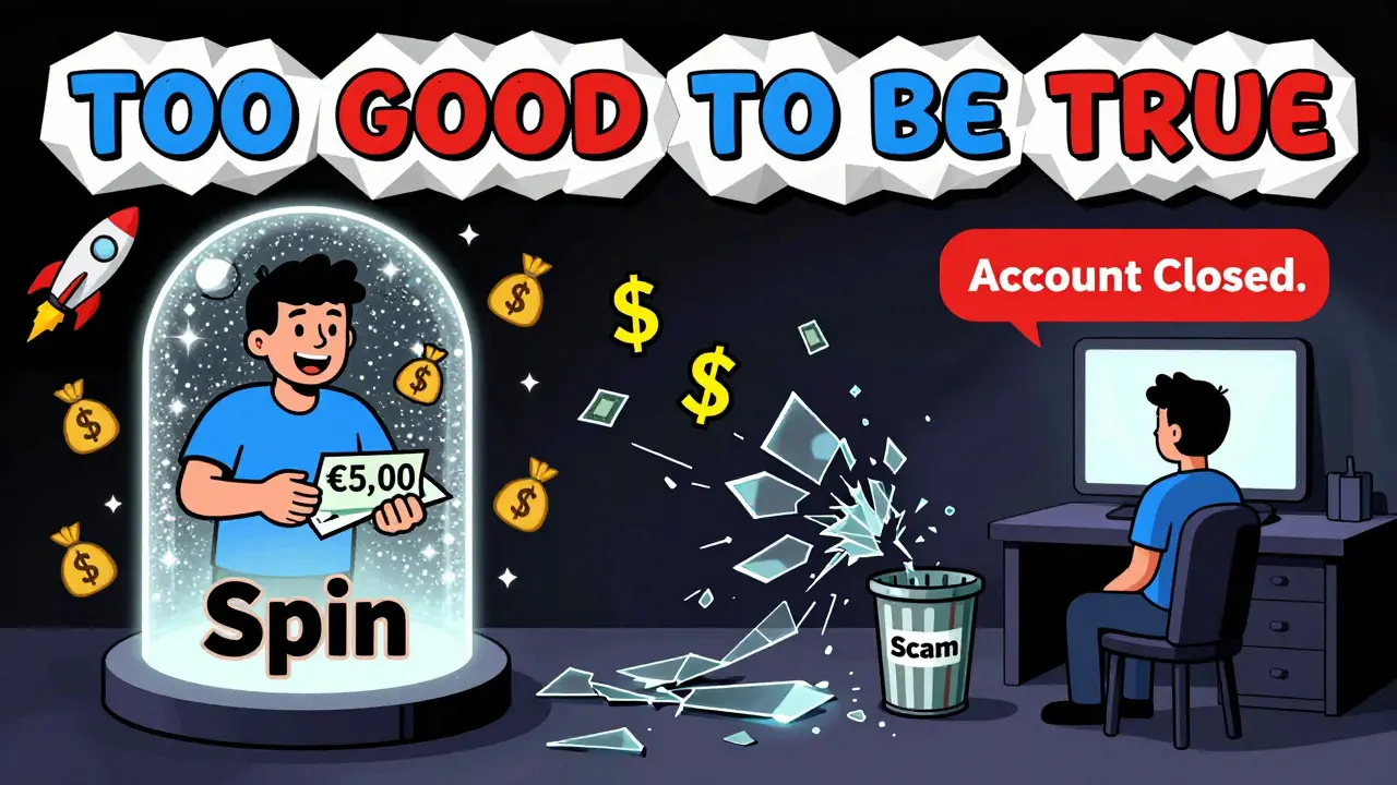 Homme déposant de l'argent sur un portail magique, puis seul face à un écran vide.